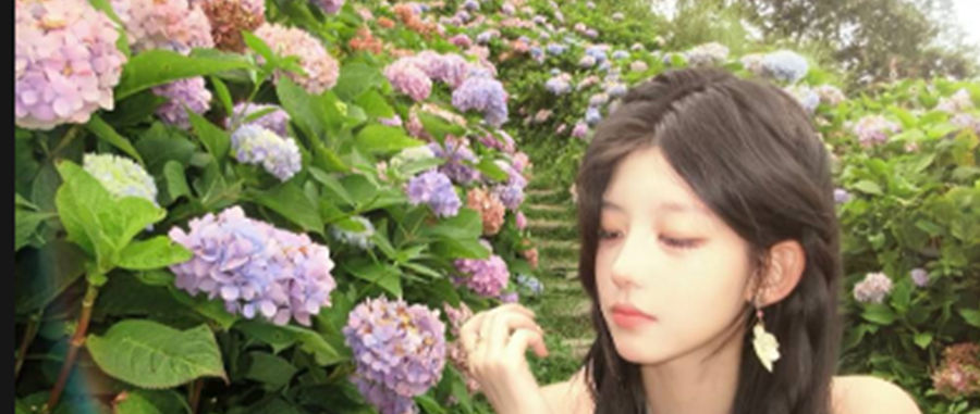 恋九00在绣球花旁的公开人物画面