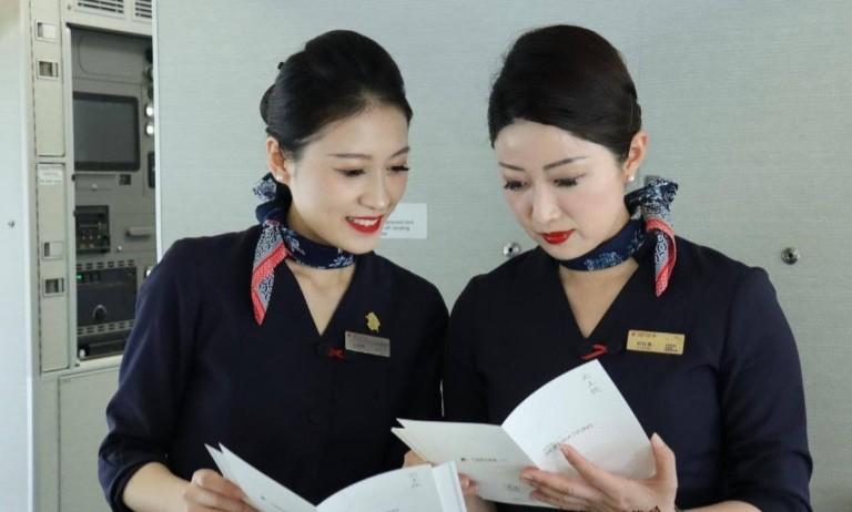 两名空乘查看工作资料