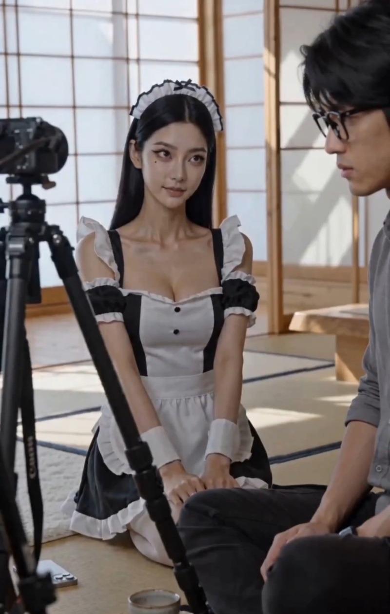 女仆造型模特站在相机与摄影师之间