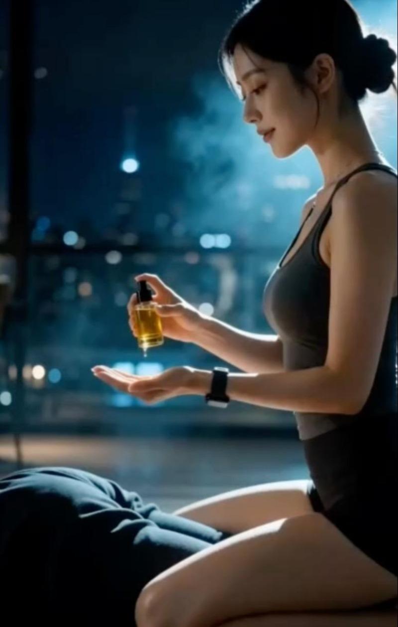 女教练穿黑色运动装坐在夜色水边