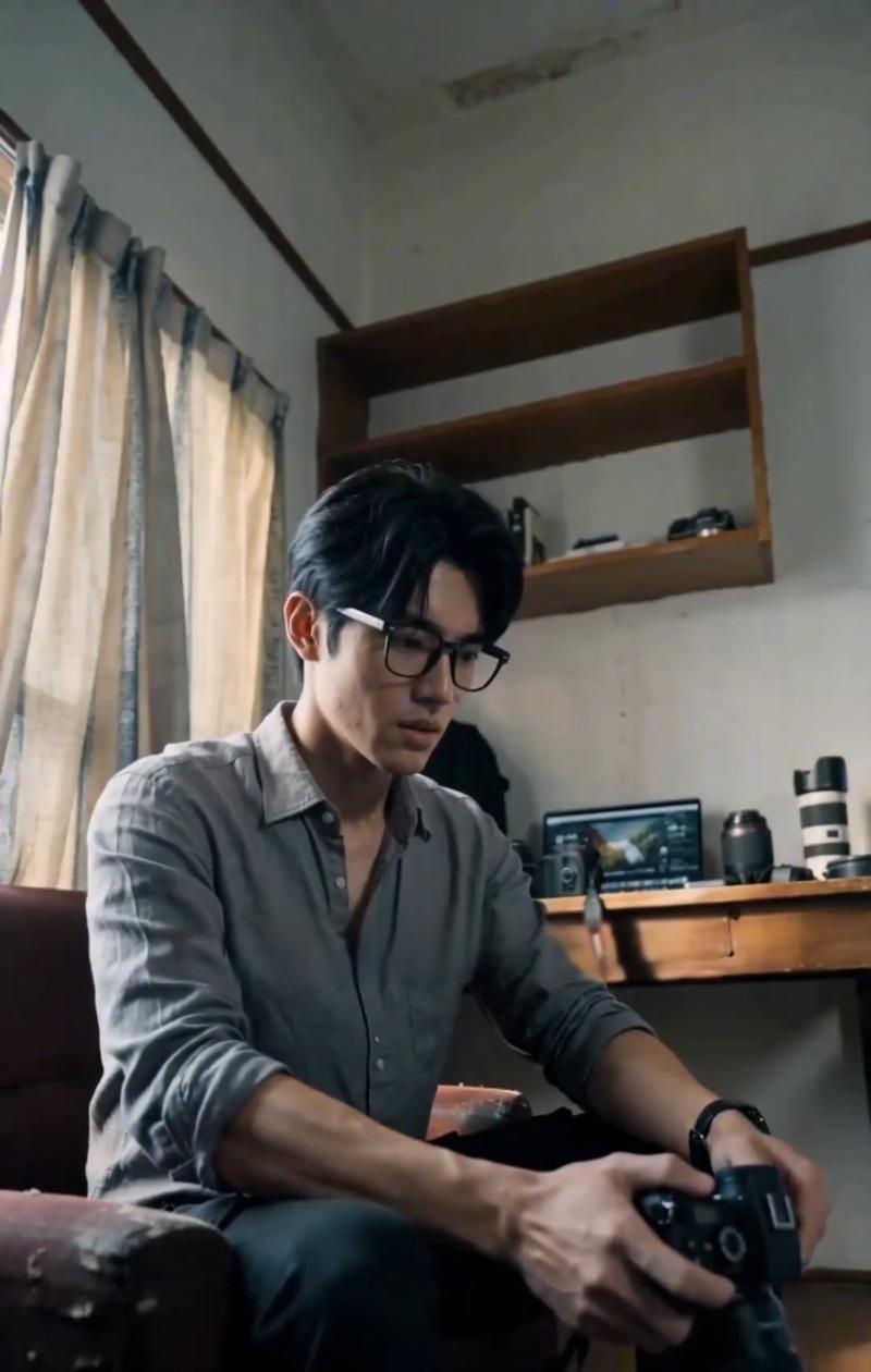 戴眼镜的摄影师坐在器材旁检查相机