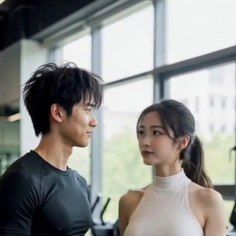 林晨与韩晓晓穿训练服站在健身房