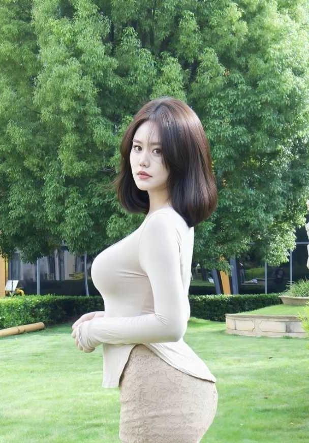 李岢欣在草坪旁拍摄侧身照片