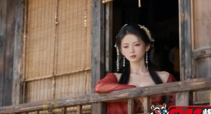 古装女子站在木窗前